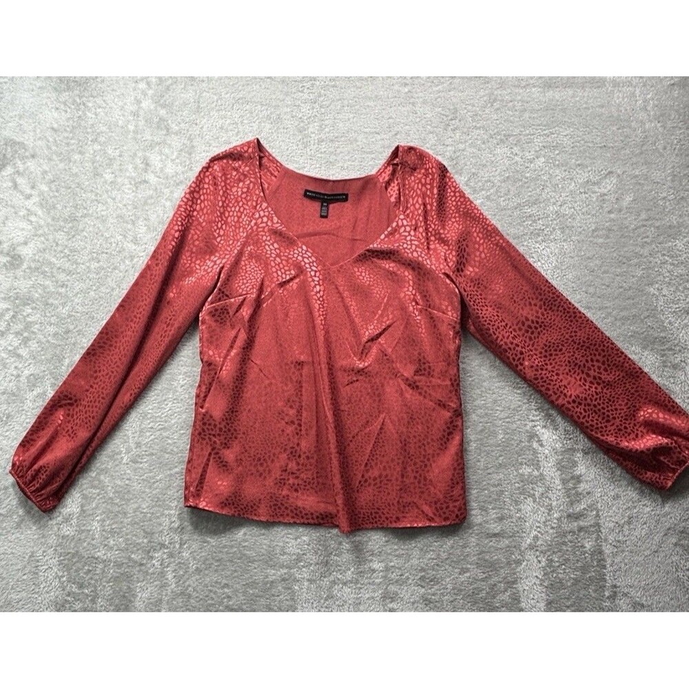White House Black Market Red Animal Print Blouse XS Long Sleeve Sheer Top